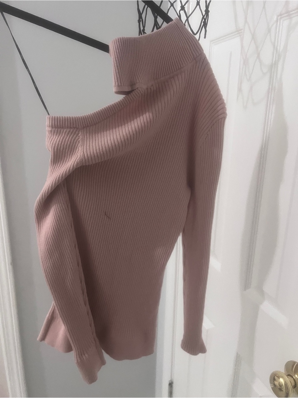 DKNY Ribbed Off-Shoulder Sweater in Pale Pink